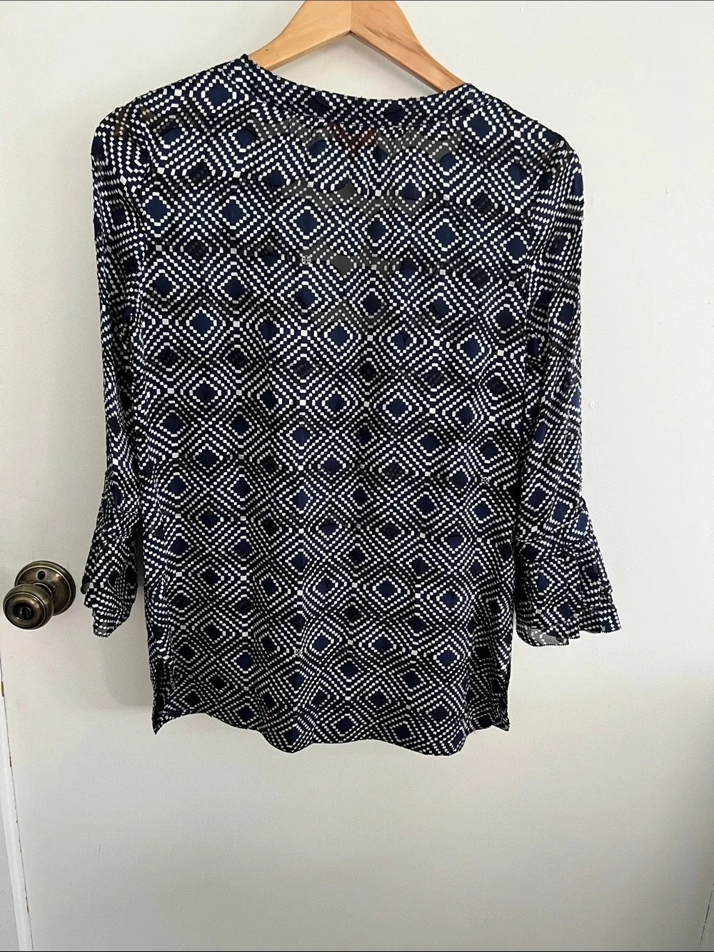 Tory Burch Navy and White Diamond-Print Ruffle V-Neck Tunic Top